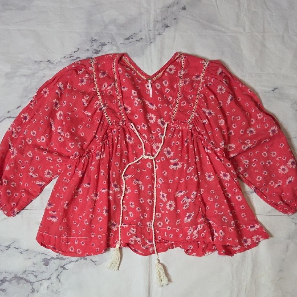 Free People Never A Dull Moment Coral Floral Blouse with Tassels